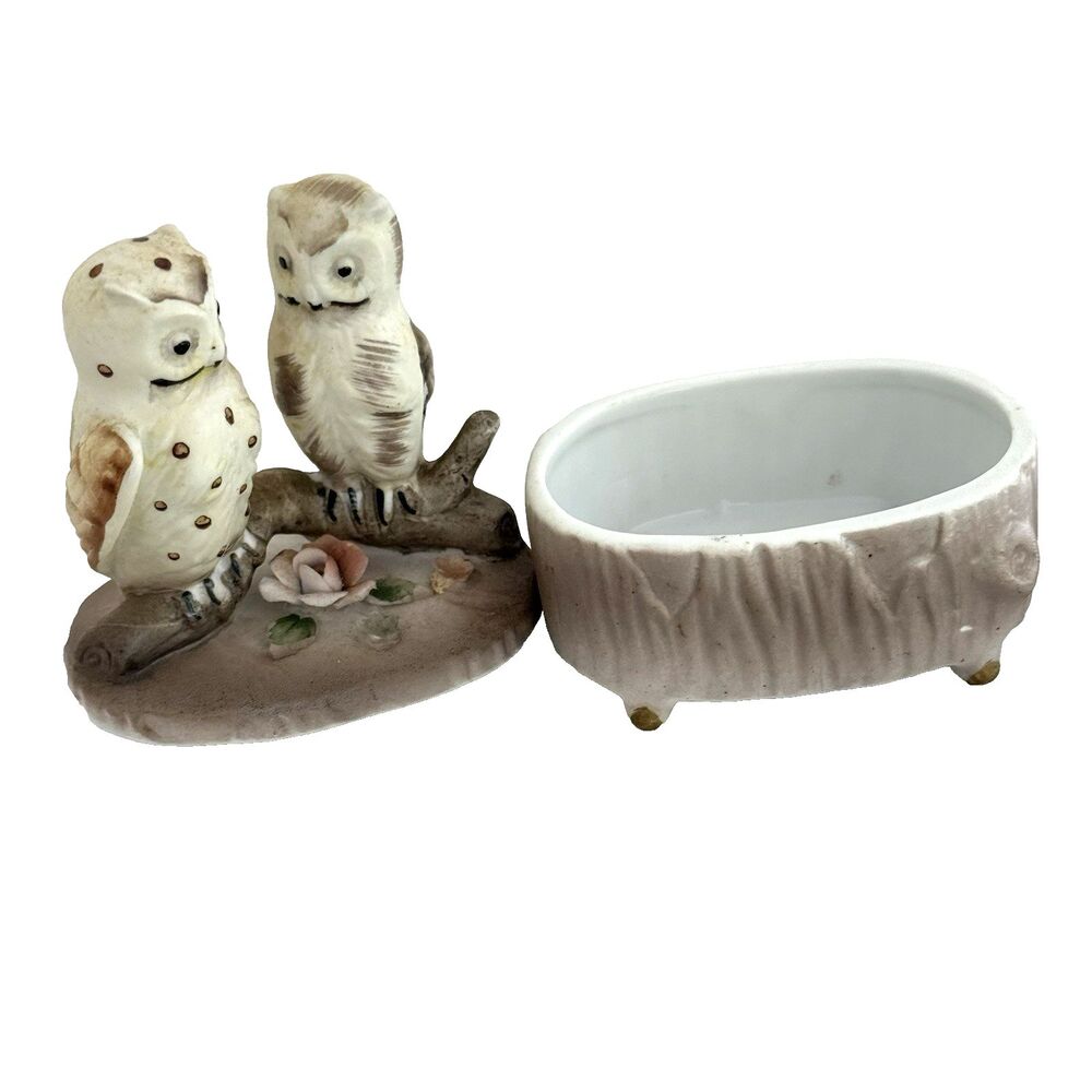 Trinket Box Ring Box Perched Owls Figurine Floral Accent Brown Bisque 5090 Japan